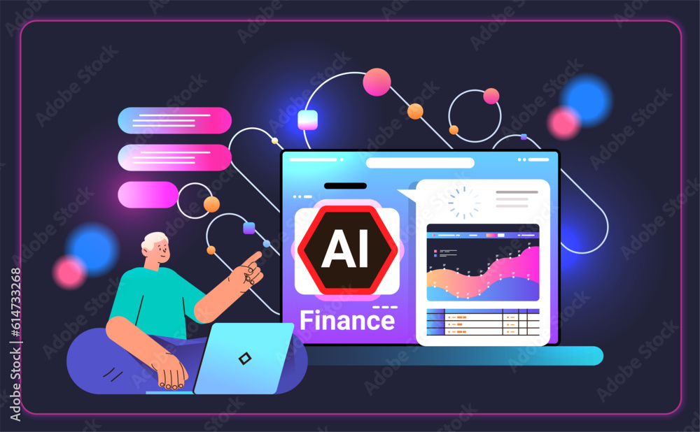Poster businessman generating financial report with ai helper bot data analyzing artificial intelligence te
