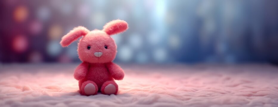 Illustration of a cute pink stuffed rabbit on a cozy bed created with Generative AI technology