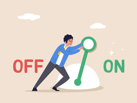 Setting or preference concept. Turn on switch, paradigm shift or change to be better status, start or begin business, smart businessman push setting button switch to on position.