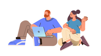 man woman discussing during meeting couple using laptop social media communication digital addiction concept