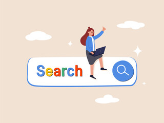 SEO search engine optimization concept. Search box, finding website from internet, online job or career opportunity, woman working with computer laptop on search box with magnifying glass button.