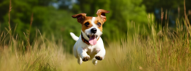 Portrait of happy Jack Russell Terrier dog jumping floating up in the air sunny day on field. AI gererated