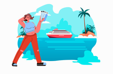 young woman tourist holding tickets summer vacation holiday time to travel concept seascape background