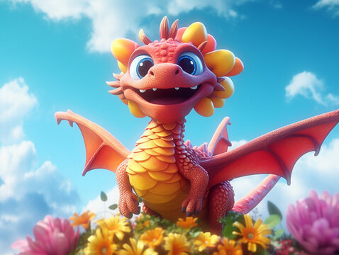 Pink dragon cartoon with colorful background