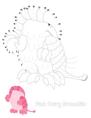 Connect dot to dot game with Pink Fairy Armadillo. Chlamyphorus truncatus. Unique Animals. Black and white linear drawing. Vector