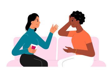 Two women talk and drink sitting on a sofa, female friends chat and spend time together, young women have conversation sitting on a comfortable couch, flat vector illustration