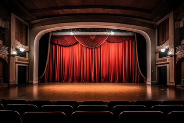 Empty theatre stage with curtains. Generative AI.