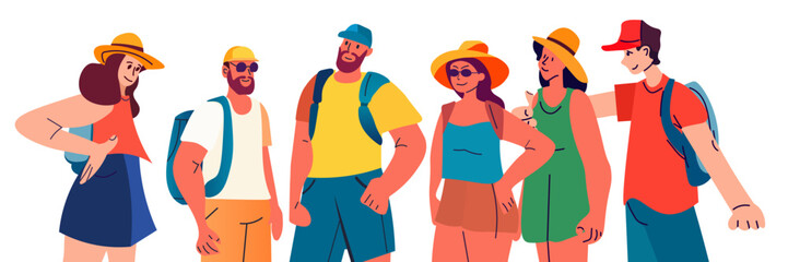 happy friends in casual clothes standing together summer vacation holiday time to travel concept