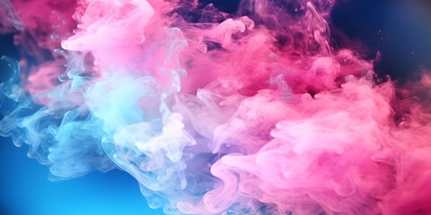  Shiny glitter particles in clouds of pink and blue neon colorful smoke abstract background. Generative AI.