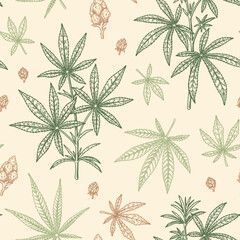 Cannabis leaves, branches and buds seamless pattern. Marijuana hand drawn vintage background. Vector illustration in sketch style. Weed engraving design