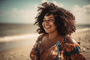 Beautiful plus size African American woman at the beach - obrazy, fototapety, plakaty