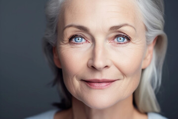 Beautiful gorgeous 50s mid aged mature woman looking at camera isolated on white. Mature old lady close up portrait. Healthy face skin care beauty