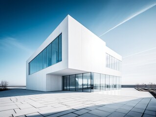 A minimalist modern building with clean lines, a stark white facade, and large windows, set against a clear blue sky . Generative AI