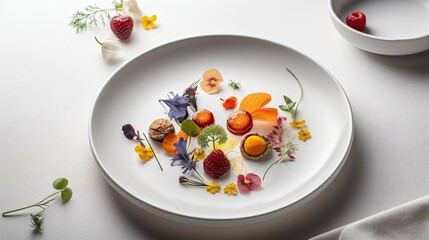 A minimalist presentation of a dish with few ingredients, beautifully plated on a white dish against a white background . Generative AI