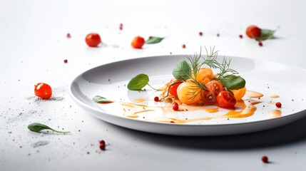 A minimalist presentation of a dish with few ingredients, beautifully plated on a white dish against a white background . Generative AI
