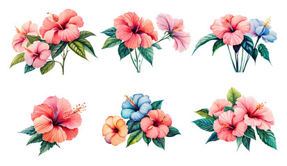 Watercolor hibiscus flower set. Generative Ai
