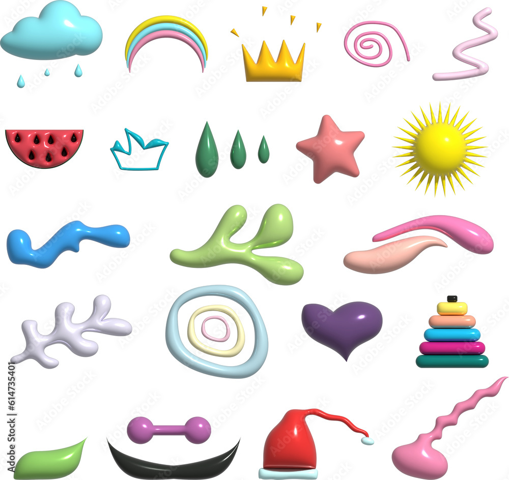 Aufkleber various multicolored inflated doodles and objects. set of isolated 3d illustrations
