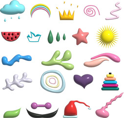Various multicolored inflated doodles and objects. Set of isolated 3D illustrations