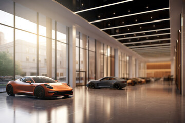 3D render of a high-end automotive showroom, featuring sleek cars, polished interiors, and a sophisticated environment that exudes luxury and automotive excellence. Generative AI