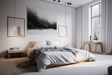 A minimalist bedroom with a white palette, a simple bed with clean lines, and a single piece of art hanging on the wall . Generative AI