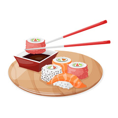 Cartoon isolated plate with chopsticks and rolls with rice. A colorful set of different types of sushi on a bamboo tray.Isolated vector illustration.