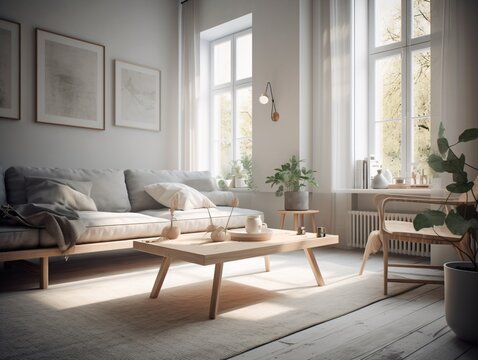 A minimalist living room with a clean white palette, simple furniture, and no clutter, bathed in soft natural light . Generative AI