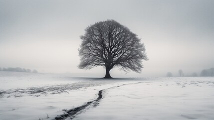 A minimalist shot of a lone tree against the stark contrast of a snow-covered landscape . Generative AI