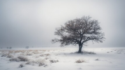 Fototapeta na wymiar A minimalist shot of a lone tree against the stark contrast of a snow-covered landscape . Generative AI