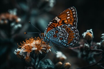 Fototapeta na wymiar A macro image of a butterfly perched on a vibrant flower, showcasing the intricate patterns on its wings . Generative AI