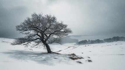 A minimalist shot of a lone tree against the stark contrast of a snow-covered landscape . Generative AI