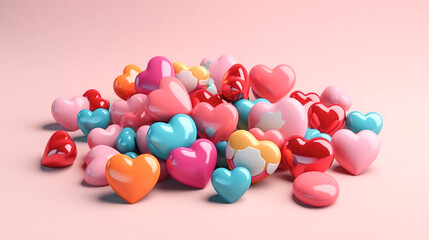 Multicolored hearts on a pink background, generative AI.