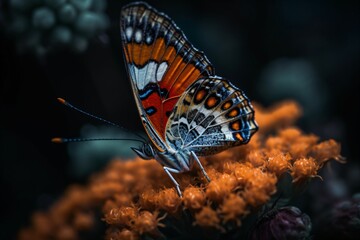Naklejka na ściany i meble A macro image of a butterfly perched on a vibrant flower, showcasing the intricate patterns on its wings . Generative AI