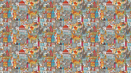 Seamless pattern of cities for children, created with generative AI technology