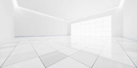 3d rendering of white tile floor in perspective, empty space or room, light from window. Modern interior home design of living room, look clean, bright, surface with texture pattern for background. - obrazy, fototapety, plakaty
