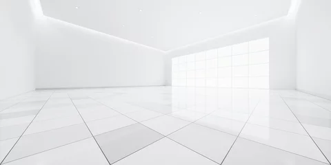 Foto op Canvas 3d rendering of white tile floor in perspective, empty space or room, light from window. Modern interior home design of living room, look clean, bright, surface with texture pattern for background. © DifferR