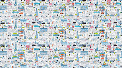 Seamless pattern of cities for children, created with generative AI technology