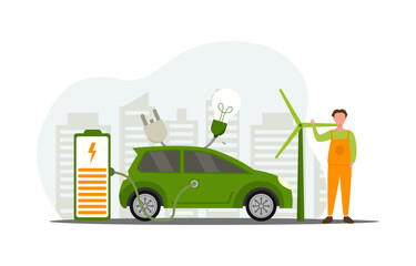 Electric car charging station with person, solar panels, electric vehicle and wind turbines and city background, future innovative technology and alternative save energy concept. Vector illustration