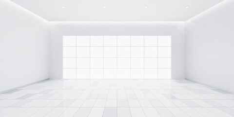 3d rendering of white tile floor in perspective, empty space or room, light from window. Modern interior home design of living room, look clean, bright, surface with texture pattern for background. - obrazy, fototapety, plakaty