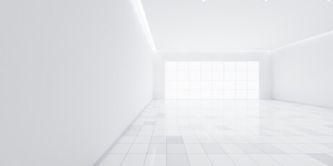 3d rendering of white tile floor in perspective, empty space or room, light from window. Modern...