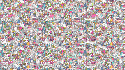 Fototapeta na wymiar Seamless pattern of cities for children, created with generative AI technology