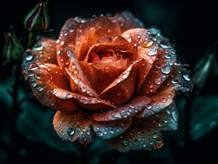 A macro shot of a blooming rose, focusing on the delicate petals and dew drops . Generative AI