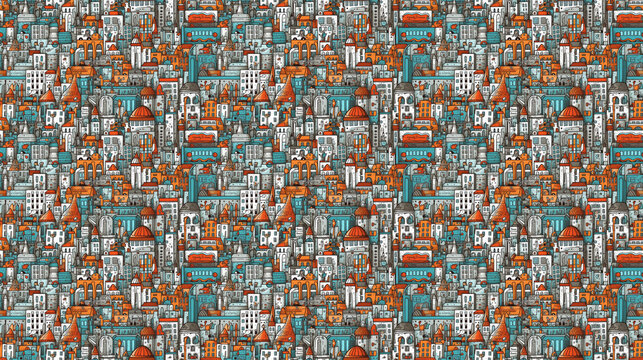 Seamless pattern of cities for children, created with generative AI technology © Ruben Chase