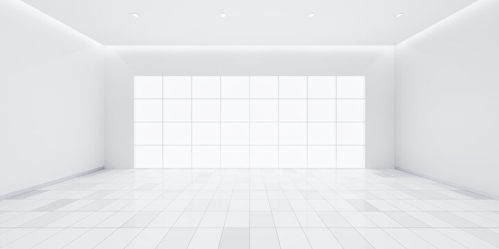 3d rendering of white tile floor in perspective, empty space or room, light from window. Modern interior home design of living room, look clean, bright, surface with texture pattern for background.