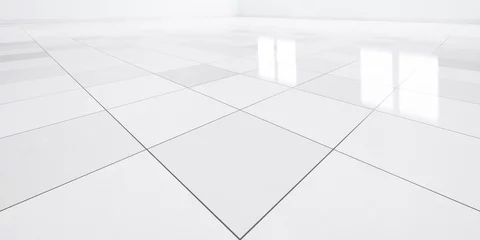 Deurstickers 3d rendering of close up white tile floor in perspective view, empty space in room, window and light. Modern interior home design look clean, bright, shiny surface with texture pattern for background. © DifferR