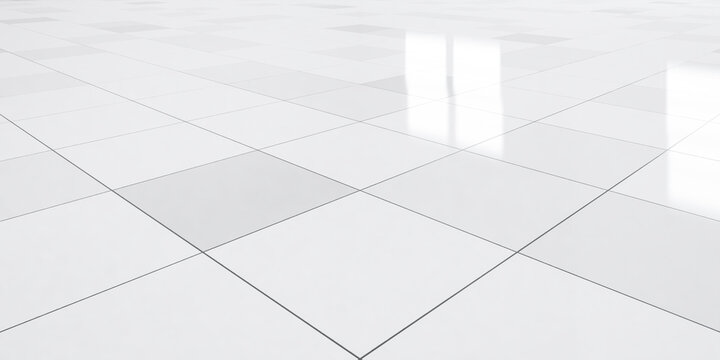 3d rendering of close up white tile floor in perspective view, empty space in room, window and light. Modern interior home design look clean, bright, shiny surface with texture pattern for background.