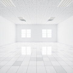 3d rendering of white tile floor in perspective, empty space or room, light from window. Modern interior home design of living room, look clean, bright, surface with texture pattern for background.