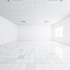 3d rendering of white tile floor in perspective, empty space or room, light from window. Modern interior home design of living room, look clean, bright, surface with texture pattern for background.