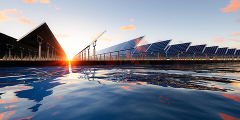 3d rendering of floating solar, floatovoltaics or solar farm consist of photovoltaic cell on panel, pontoon, water. System technology for electric, electricity generation. Clean and green power energy © DifferR