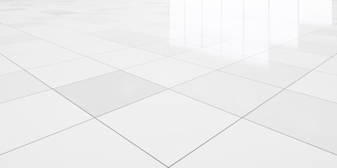3d rendering of close up white tile floor in perspective view, empty space in room, window and...