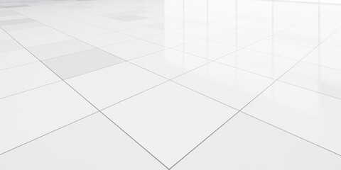 3d rendering of close up white tile floor in perspective view, empty space in room, window and...